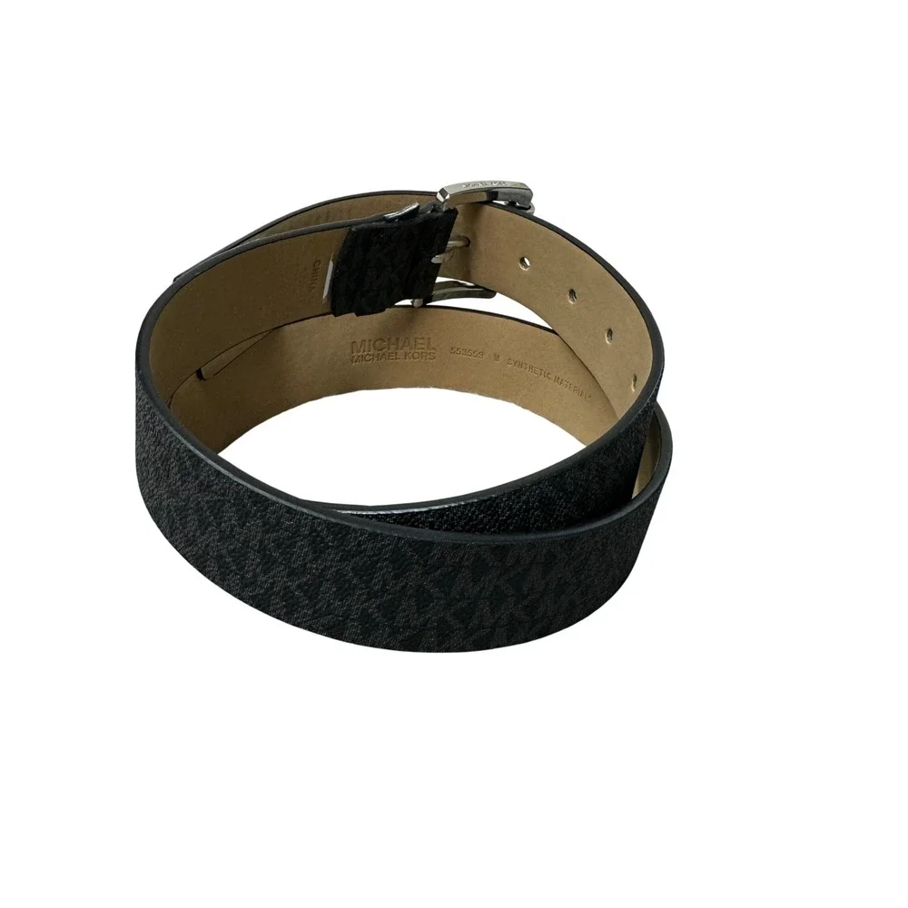 Michael Kors Mens Signature Logo Print Belt Black Grey Silver Buckle 553559 M